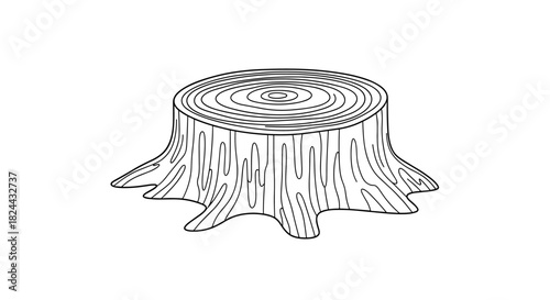 Simple line drawing of a tree stump with visible annual growth rings and textured bark, isolated on a clean white background.