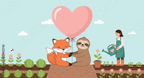 An adorable fox and a sloth lovingly hold a big heart balloon in a cheerful garden while a person waters new plants, symbolizing care and friendship.