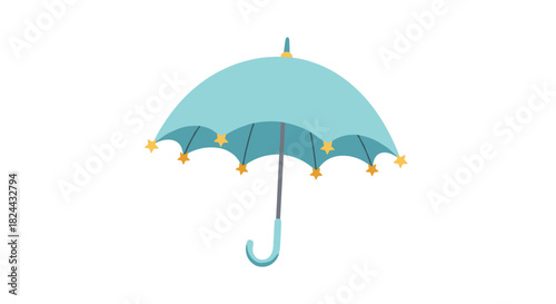 A charming light blue umbrella featuring delicate yellow star decorations, presented as a simple, isolated graphic on a white background.