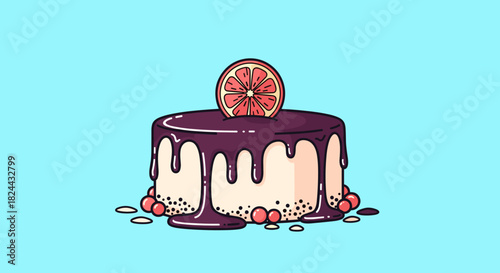 Cute cartoon cake with rich purple frosting, a fresh citrus slice, and scattered berries on a light blue background.