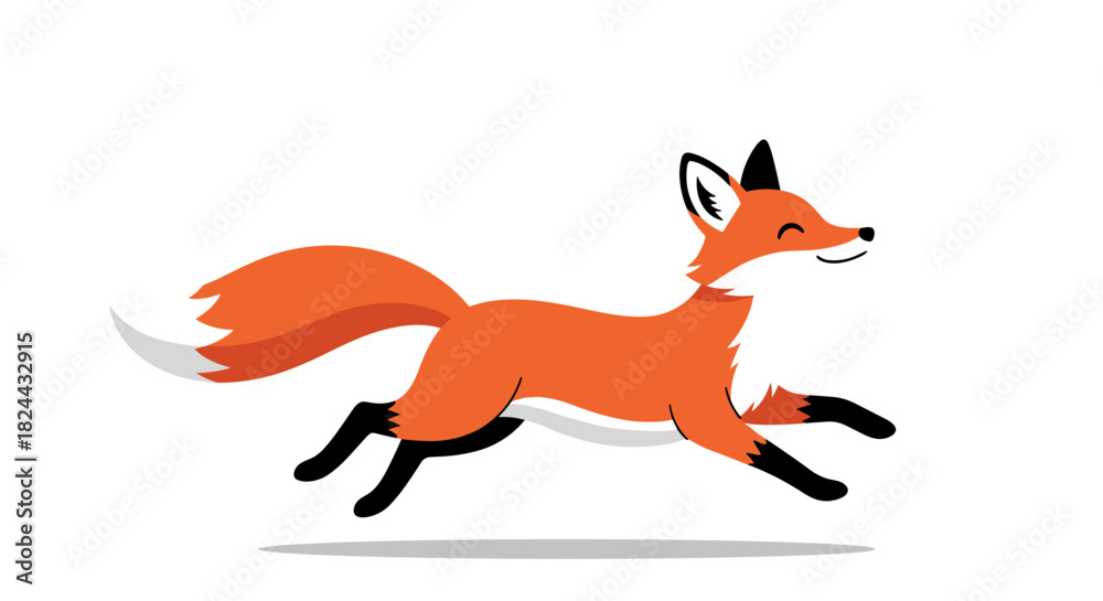 Fototapeta premium A vibrant orange cartoon fox with a happy expression is playfully running and jumping, depicted in a flat design style against a clean white backdrop.