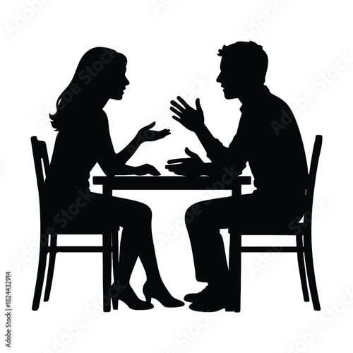 Print Silhouette couple, friends talking, man woman communication, restaurant café interaction, sitting at table, casual conversation, black vector illustration