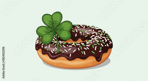 A delicious chocolate frosted donut with green and white sprinkles, topped with a vibrant shamrock for St. Patrick's Day celebrations.