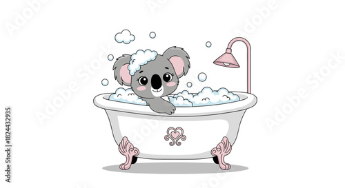 A cute cartoon koala enjoys a bubbly bath in a clawfoot tub with a pink shower, illustrating a playful hygiene moment.