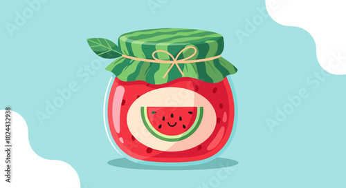 Cute cartoon jar of sweet homemade watermelon jam with a cheerful slice label on a light blue background.