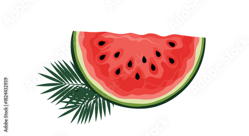 Refreshing red watermelon slice with black seeds and green rind, accompanied by lush tropical palm leaves, against a white backdrop.