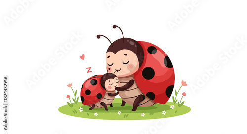 A heartwarming cartoon illustration of a loving mother ladybug tenderly embracing her sleeping baby on green grass with flowers, symbolizing family love.