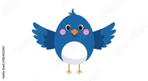 An adorable and cheerful cartoon blue bird illustration with wide-open eyes, pink cheeks, and fluffy wings, isolated on a white background.