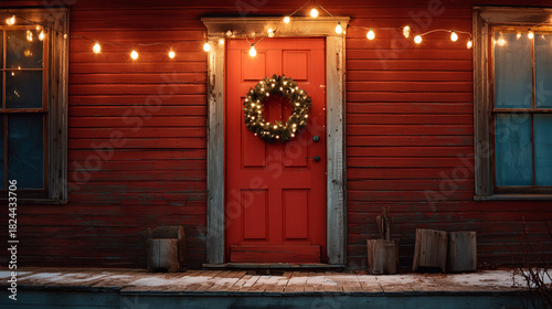 Festive red door adorned with wreath and string lights for Christmas  