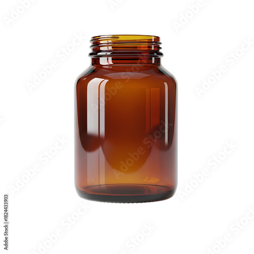 Open Amber Glass Pill Bottle Isolated. Empty brown medical jar with screw top for vitamins, supplements, and tablets. Pharmaceutical packaging container for healthcare design overlays isolated