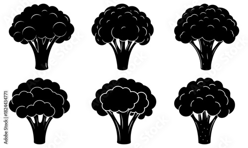 Silhouette illustration of six broccoli florets arranged in a two by three grid pattern format image