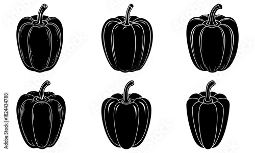 Six black and white bell peppers arranged in two rows of three with detailed line work and shading art