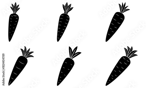 Illustration of six stylized carrots with leafy tops arranged in a symmetrical pattern on white background