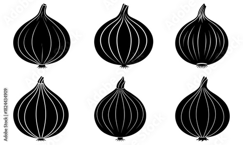 Illustration of six black and white onions arranged in a two by three grid pattern format style