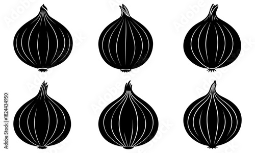 Six black and white graphic representations of onions arranged in two rows of three each