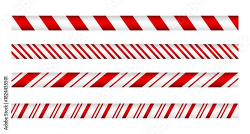 Set of Christmas candy cane straight line border with red and white striped with striped candy lollipop pattern