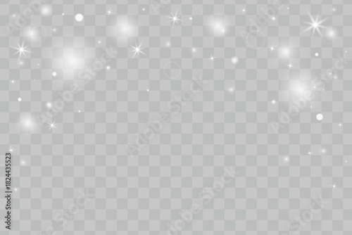 Sparkling light effect with glowing glitter particles and shiny stars border for Christmas and New Year designs. Magical silver light sparkles, bokeh and glittering dust