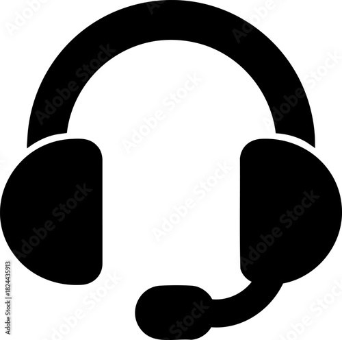 Black flat vector icon of a headset with microphone for customer support and call centers