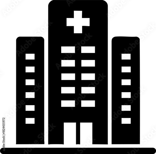 Flat black vector icon of a hospital building symbol with white background for medical design