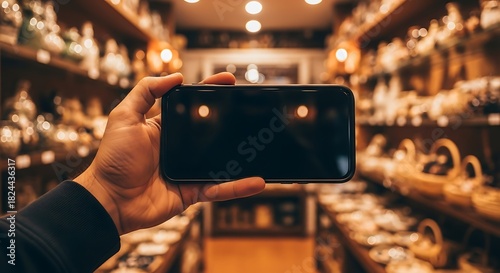 A hand holds a dark smartphone horizontally, reflecting lights in a blurred antique shop filled with pottery.