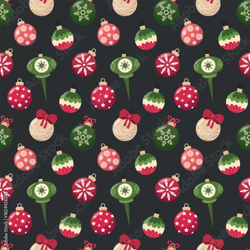Seamless Christmas pattern featuring colorful holiday baubles in red, green, and gold tones on a dark background.