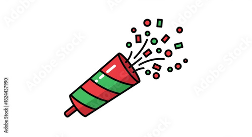Simple cartoon illustration of a red and green striped party popper exploding with colorful confetti