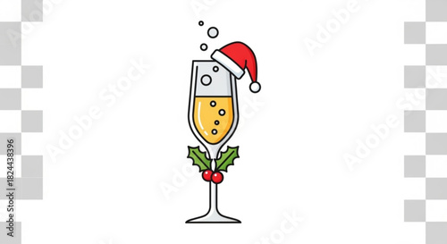 Festive champagne flute with sparkling wine, decorated with a small red santa hat and holly leaves with berries