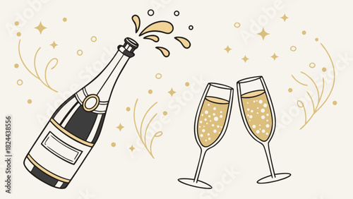 Celebratory champagne bottle popping with two filled flutes and festive golden decorations around it