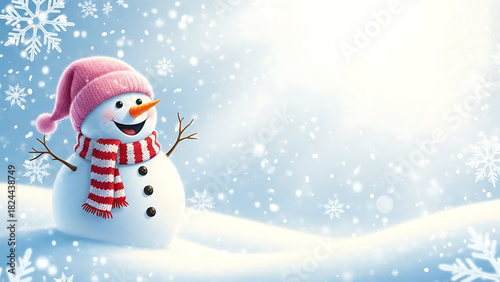 Happy snowman wearing pink hat and scarf in snowy winter landscape
