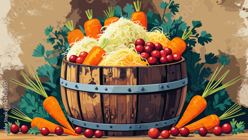 Fresh vegetables in a wooden barrel on a rustic background