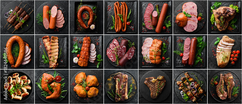Fotografie Collage of photos of cooked steaks, salami and sausages