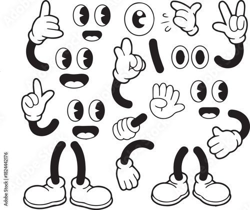 Cartoon character parts collection featuring eyes mouths hands and feet elements