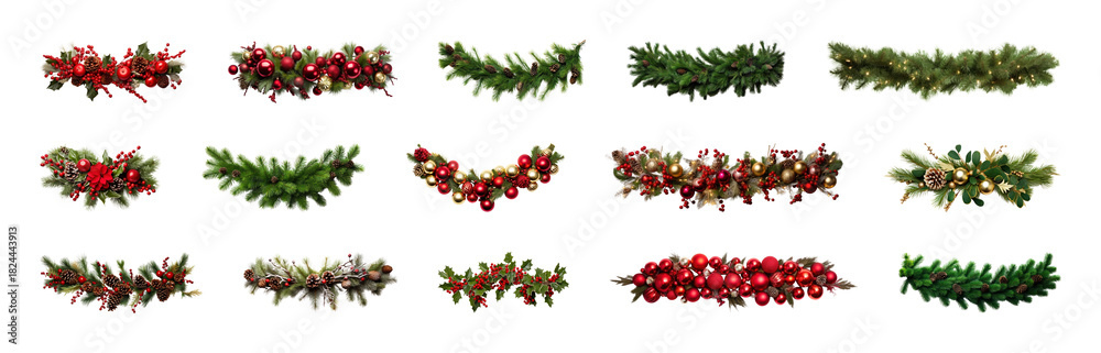 Fototapeta premium PNG Festive garlands with red berries, element set on transparent background