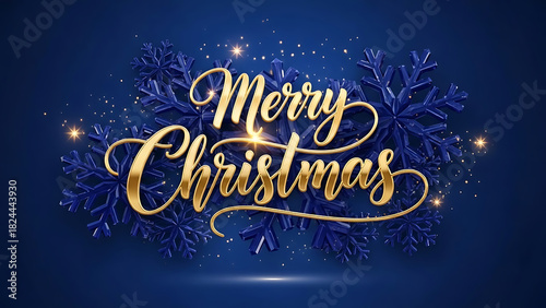 Elegant gold merry christmas text with blue snowflake background and sparkles