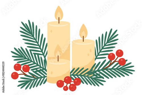 Festive Holiday Centerpiece. Festive holiday centerpiece featuring a collection of pine branches, candles, and red berries. The arrangement is compact and harmonious, intended for
