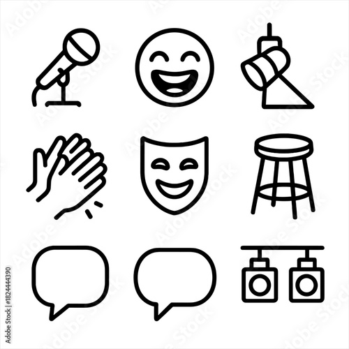 Comedy Stage Icons. Funny stage concept linear icon set: microphone, laughing face, spotlight, stool, clapping hands, comedy mask, text bubble, stage lights