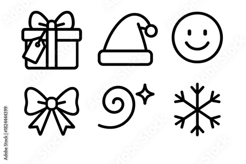 Secret Santa Icons. Secret Santa linear icon set : gift box with tag, hidden hat, smiling face, ribbon bow, sparkle swirl, snowflake