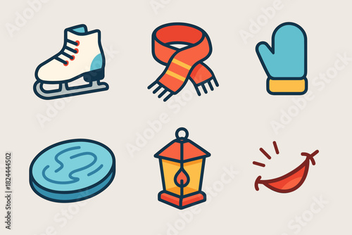 Winter Skating Icons. Winter Skating flat icon set: ice skates, scarf, mitten, frozen pond, lantern, laughter lines