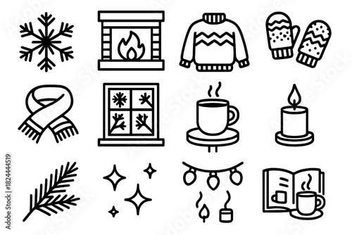 Cozy Winter Icons. Winter Hot Chocolate Moments linear icon set: snowflake, fireplace, cozy sweater, wool mittens, warm scarf, window frost, steaming mug on table, pine branch