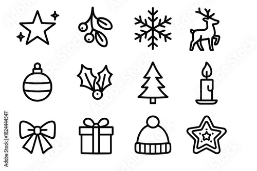 Festive Winter Icons. Seasonal Magic linear icon set : glowing star, mistletoe, snow crystal, reindeer, ornament, holly leaf, pine tree, candle flame, festive bow, gift box, winter