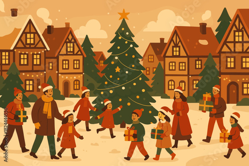 Charming Christmas Village. Quaint Christmas village is depicted, with charming cottages decorated with twinkling lights. The streets are lined with snow, and people in festive