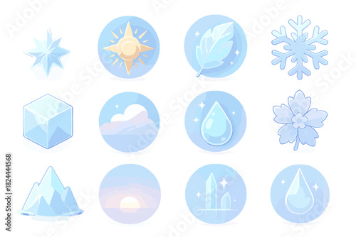 Crystal Dawn Icon Set. Crystal Dawn flat icon set : glowing frost, radiant sunburst, frosted leaf, snow sparkle, glassy ice, pastel sky, dew droplet, frozen flower, icy hill
