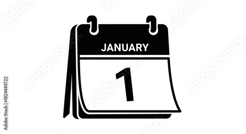 A black and white illustration of a calendar page showing January 1st.