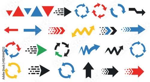 Collection of various arrow icons in different shapes, colors, and styles for design.