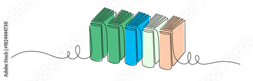 Continuous line art of a book standing in a row. Textbook concept. This icon is for a sticker or banner of a bookstore or library. Vector illustration with an attractive color style.