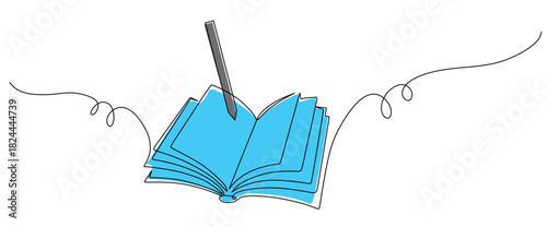 Continuous line art of an open book with a pencil on it. Textbook concept. This icon is for a sticker or banner of a bookstore or library. Vector illustration with an attractive color style.