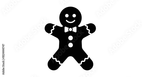 A simple black silhouette icon of a smiling gingerbread man with a bow tie on a white background.