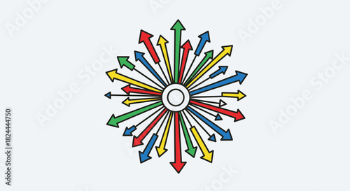 A radial explosion of colorful arrows pointing outwards from a central white circle, symbolizing diversity and expansion.