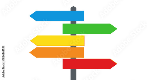 A signpost with multiple colorful arrows pointing in various directions, symbolizing choices, decisions, and different paths.