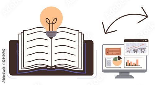 Open book with a glowing light bulb symbolizing ideas, next to a computer screen displaying charts and graphs. Ideal for education, innovation, learning, technology, knowledge sharing, digital